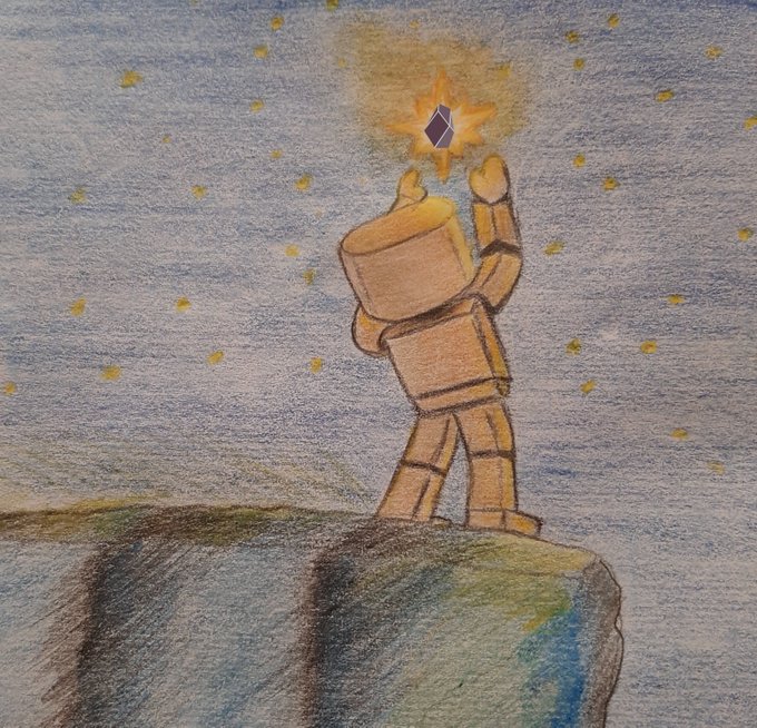 A colored pencil illustration of a blocky robot figure standing on a cliff edge, reaching up toward a glowing Ethereum (ETH) logo emblem against a starry sky background.