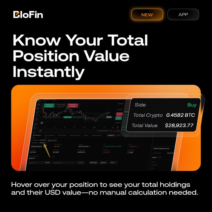 The BloFin app displays a user's total crypto holdings instantly, showing 0.4582 BTC valued at $28,923.77. This aligns with the post's announcement of a new feature on BloFin Web that eliminates the need for manual calculations of crypto positions.