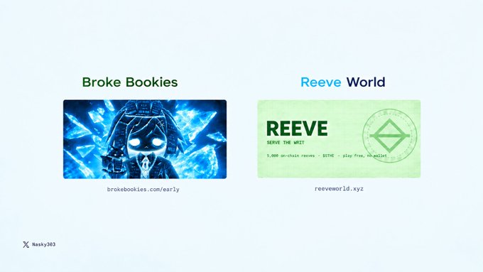 A webpage displaying two promotional items: 'Broke Bookies' with an illustrated knight/mage character at brokebookies.com/early, and 'Reeve World' with a 'REEVE SERVE THE WRIST' card offering 5,000 on-chain reeves at reeveworld.xyz.