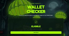 A Halloween-themed eligibility checker displays "WALLET CHECKER" with a "CHECK ELIGIBILITY" button, showing a result that reads "ELIGIBLE" for a CHOMP airdrop of 12,921 tokens, matching the post's claim about the Chomponhood token drop.