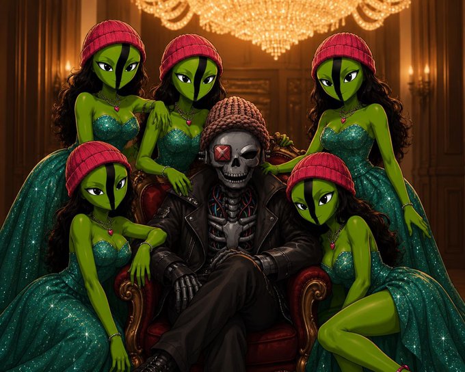 A skeletal figure wearing a knit cap sits on a throne surrounded by five green-skinned women in sparkling teal gowns and pink caps, with an opulent chandelier glowing above—evoking a playful, cartoonish "court" vibe that ties into the dogwifhat ($WIF) meme coin branding through the knit caps resembling the token's mascot.