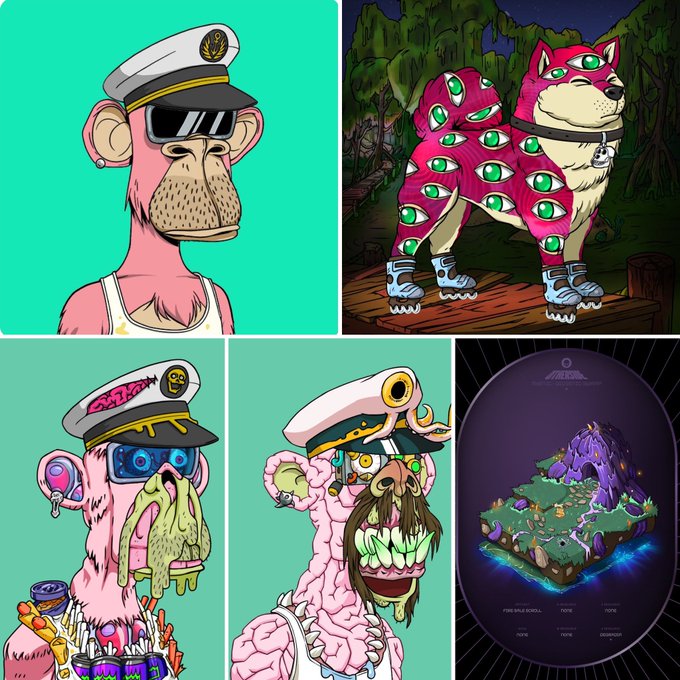 A collage of NFT-style cartoon illustrations features various pink ape/bear characters in different costumes (sailor, skull-patterned, zombie) against teal backgrounds, alongside a small purple floating island NFT with tokenomics stats like "1,111,111"