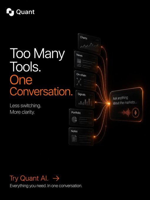 A dark promotional graphic for 'Quant' featuring the text 'Too Many Tools. One Conversation. Less switching. More clarity.' and 'Try Quant AI. Everything you need. In one conversation.', alongside UI elements connecting to a chat prompt.