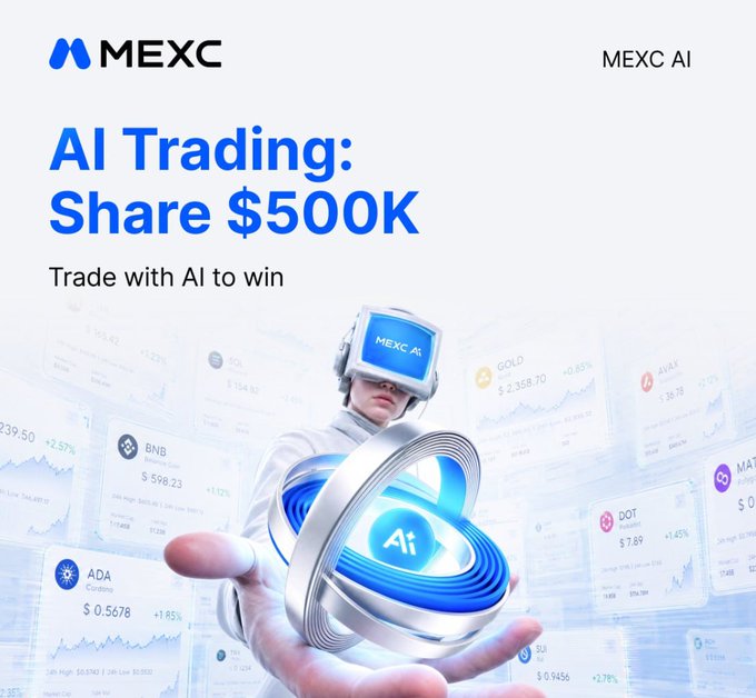 A promotional graphic for the MEXC AI Trading competition featuring a figure in a VR headset displaying "MEXC AI" holding an "Ai" emblem, with the headline "AI Trading: Share $500K" set against a backdrop of cryptocurrency price tickers including BNB, ADA, AVAX, DOT, and GOLD.