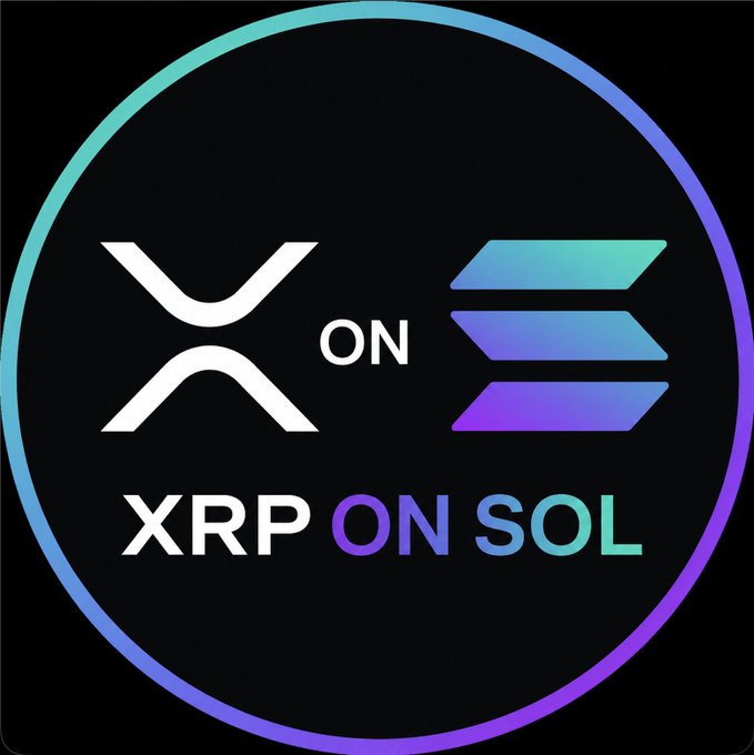 The image is a circular black graphic with a purple-to-teal gradient border, featuring the white XRP logo and teal Solana logo side-by-side above the text "XRP ON SOL." The graphic visually announces the official launch of the $XSOL token (XRP on Solana), as referenced in the post directing users to trade on Pump.fun.