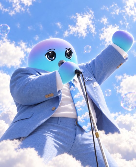 A 3D-rendered blue character wearing a light blue suit holds a microphone while floating among clouds and bubbles.