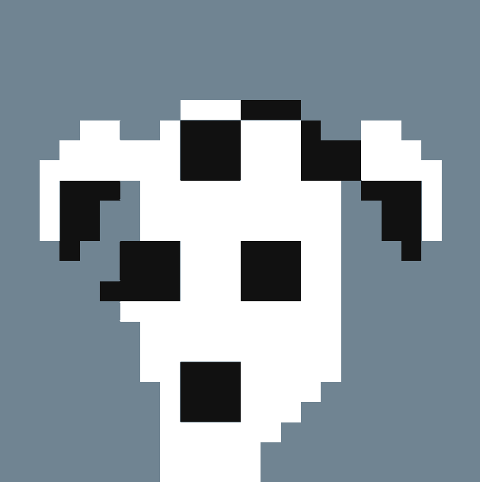 A simple black and white pixel art illustration of a cow's head against a gray background.