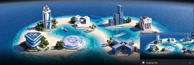 A digital island map interface showing various company buildings including Fed Up, Uncle Neil Street, Github Panama, Explore Vegas, Spread the Word, Bring Your Crew, and Rome, with a 'Snipping Tool' notification visible.