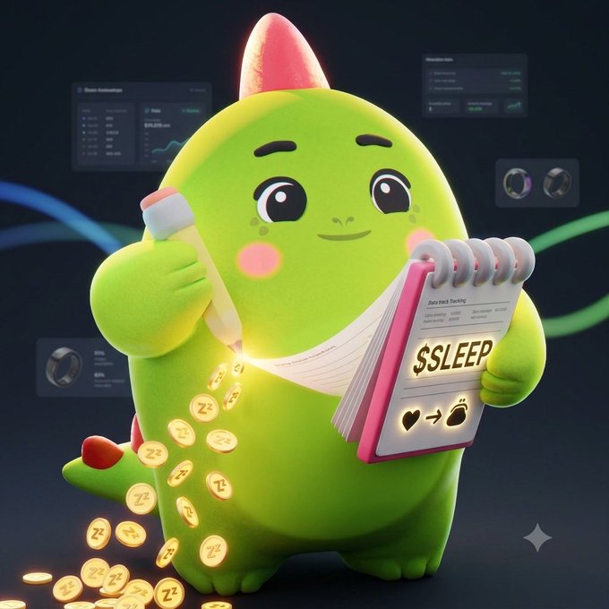 A 3D-rendered, cute green dinosaur character holding a bottle pouring golden coins marked with 'Z' (sleep symbols) and a clipboard displaying '$SLEEP' and a heart-to-coin icon.