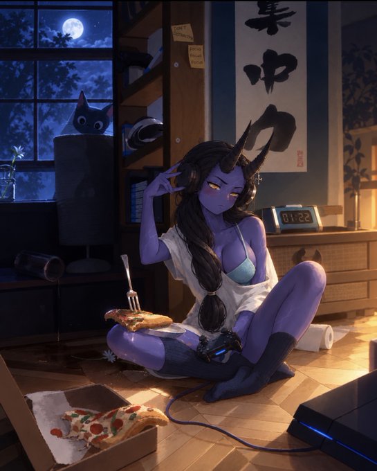 An anime-style illustration of a purple-skinned demon girl with horns sitting on a floor at night, wearing headphones and holding a fork with pizza, accompanied by a black cat and a gaming console.