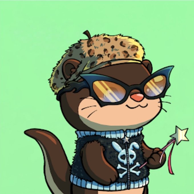 A cartoon illustration of a cool-looking ferret wearing sunglasses, a leopard-print hat, and a sweater with a dollar sign skull logo, holding a star wand.