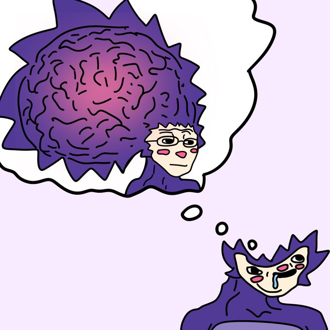 The image shows two purple characters with green eyes and facial features. One character has a thought bubble featuring a purple brain above its head. Another purple character has an altered face, which includes three eyes that appear sad or somber. The caption of the image is "$MON to $1 is a 50x change your wife, the other can change your life," suggesting that altering one's perception could lead to changes in how others treat them, emphasizing the importance of the brain and thoughts.