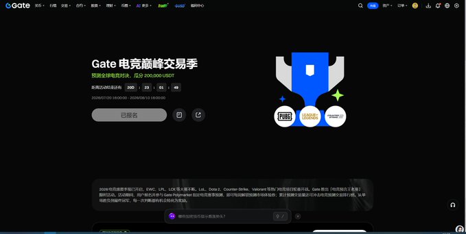 A screenshot of the Gate.io cryptocurrency exchange website in Chinese, promoting an esports trading season event ('Gate电竞巅峰交易季') with a prize pool of 200,000 USDT and a tournament featuring PUBG and other games.