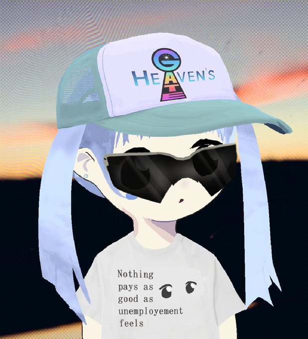 An anime-style illustration of a character with long white hair wearing a teal and white trucker hat that says 'HEAVEN'S' and black sunglasses, paired with a white t-shirt reading 'Nothing pays as good as unemployment feels.'