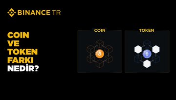 The image shows two squares with text about Bitcoin and tokens. The first square has a yellow background and black text that reads "Coin ve token Farki nedir?". The second square also has a yellow background, but its text is written in white. Both squares contain images of coins and tokens, which are the main focus of the image.