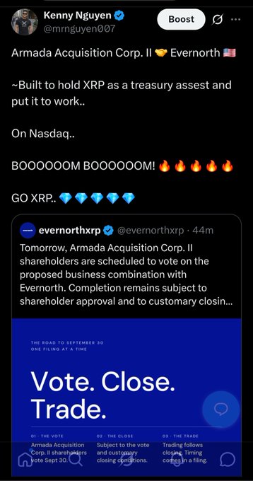 A social media screenshot featuring Kenny Nguyen's enthusiastic post about Armada Acquisition Corp. II's upcoming shareholder vote on its business combination with Evernorth, which is built to hold XRP as a treasury asset, accompanied by an embedded infographic reading "Vote. Close. Trade." with the steps outlined for September 30.