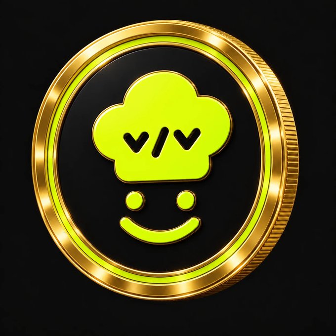 A digital coin with a gold rim features a neon green face-like icon with closed eyes and a smiling mouth on a black background.