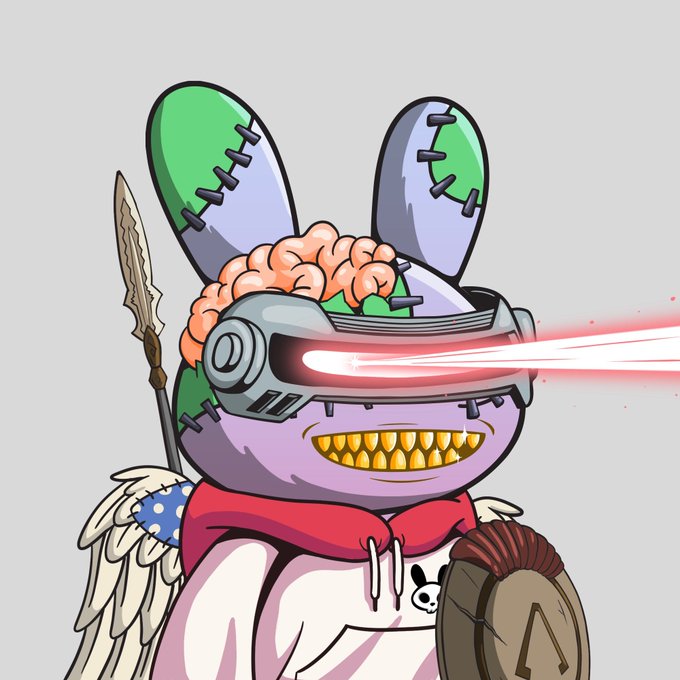 A digital illustration of a cartoon bunny-like character with a brain visible through its head, wearing a red hoodie, a spear, and a VR headset emitting red laser beams from its eyes.
