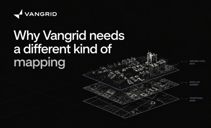 A presentation slide titled 'Why Vangrid needs a different kind of mapping,' showing a 3D city model composed of three stacked layers labeled 'Ground Level Data,' 'Satellite Imagery,' and 'Traditional Maps.'