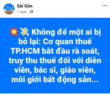 A Vietnamese social media post from 'Sài Gòn' (1 ngày) with a blue background and white text stating that tax authorities in Ho Chi Minh City are auditing and collecting back taxes from streamers, doctors, teachers, real estate agents, etc.
