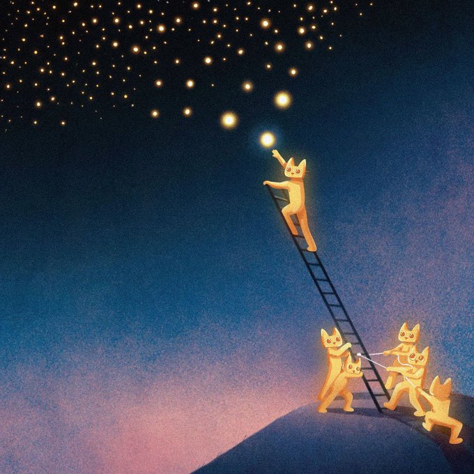An artistic illustration showing several golden cats working together to push a ladder up a hill so one cat can reach a glowing star in the night sky.