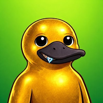A stylized 3D-rendered yellow duck character with a large black beak, wide eyes, and a toothy grin against a green gradient background.