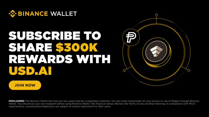 The image is a Binance Wallet promotional banner with a black background featuring the Binance Wallet logo in the top left and a stylized yellow circular graphic on the right showcasing USD.ai and CHIP token icons. Bold white and yellow text reads "SUBSCRIBE TO SHARE $300K REWARDS WITH USD.AI" alongside a yellow "JOIN NOW" button, promoting the $300,000 rewards event for depositing USDai (a stablecoin with 100% annualized yield) to earn CHIP tokens over the 30-day event period.