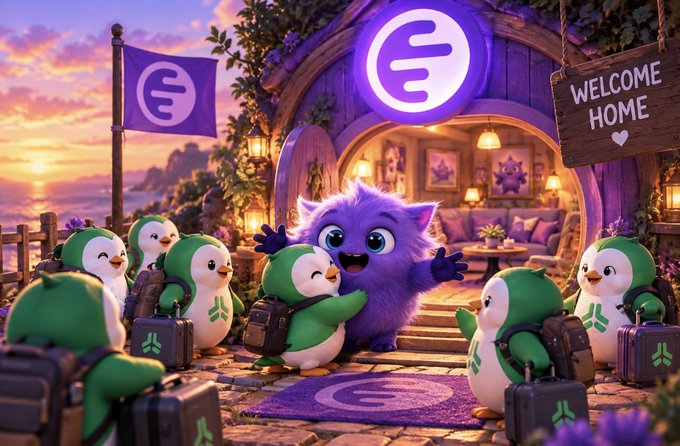 A fluffy purple mascot named Anita warmly greets a group of cheerful penguin travelers with luggage at a cozy, glowing round-door house flying a purple flag with the "ink" logo, while a "WELCOME HOME" sign hangs nearby—perfectly illustrating the post's invitation for AbstractChain users to bridge over and join the Ink onchain community.