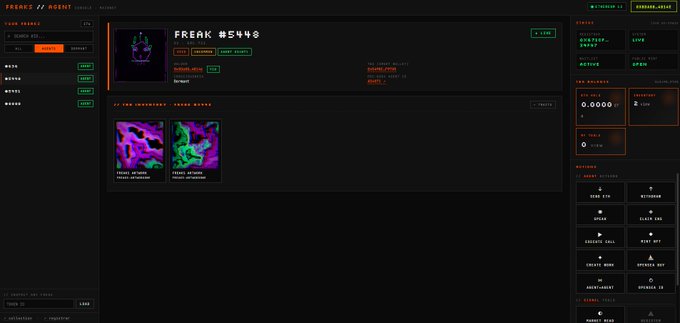 A dark-themed NFT/crypto marketplace interface displaying 'FREAK #5448' with two abstract colorful thumbnails, along with various collection and NFT detail panels.