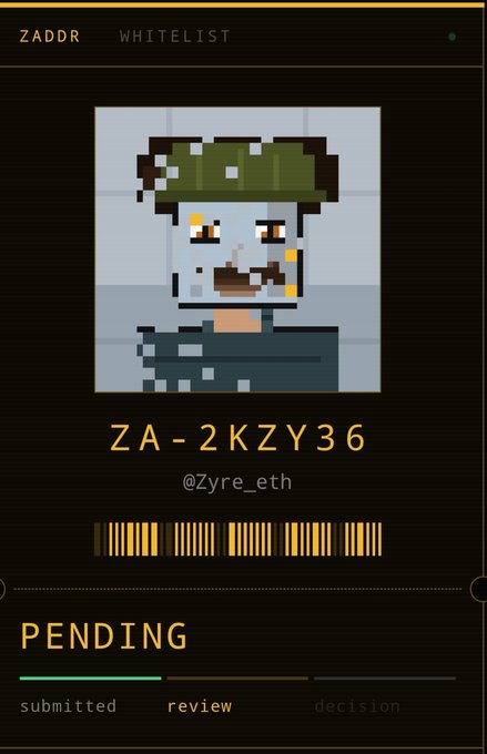 A pixel art avatar ID card titled 'ZADOR WHITELIST' shows a character with a green helmet and orange eyes, with the ID 'ZA-2KZY36', username '@Zyre_eth', a barcode, and a 'PENDING' status bar at the bottom.