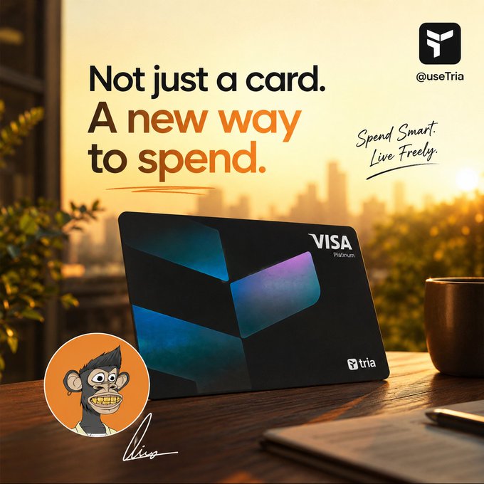 The image features a black Visa credit card placed on top of a wooden table with a mug nearby. The background shows an orange sky and buildings, creating a contrast between the modern cityscape and the traditional payment method. Below the card, there is text that reads "Not just a card. A new way to spend. Spend smart. Live freely." This message emphasizes the benefits of using the credit card for spending purposes, encouraging users to be mindful of their expenses and make informed financial decisions.