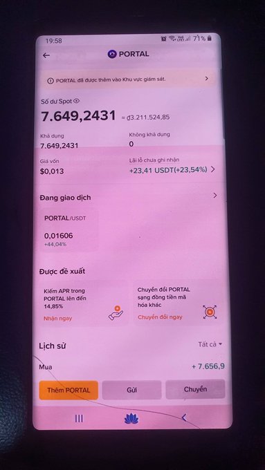 A smartphone screenshot displaying a cryptocurrency portfolio page for PORTAL token, showing a balance of 7,649,2431 tokens worth approximately $3,211,524.85 with an unrealized profit of +23.41 USDT (+23.54%).