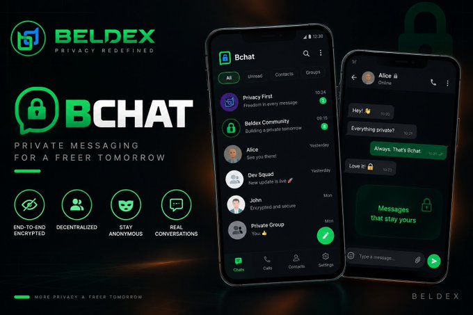 A promotional graphic for Beldex BChat, a private messaging app, highlighting features like end-to-end encryption, decentralization, anonymity, and real conversations, with mockups of the app interface on two smartphones.