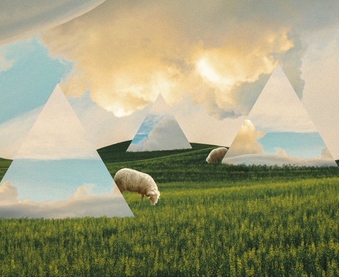 A surreal collage shows a green grassy field with sheep grazing beneath triangular pyramid shapes revealing sky and clouds, set against a dramatic cloudy sky.
