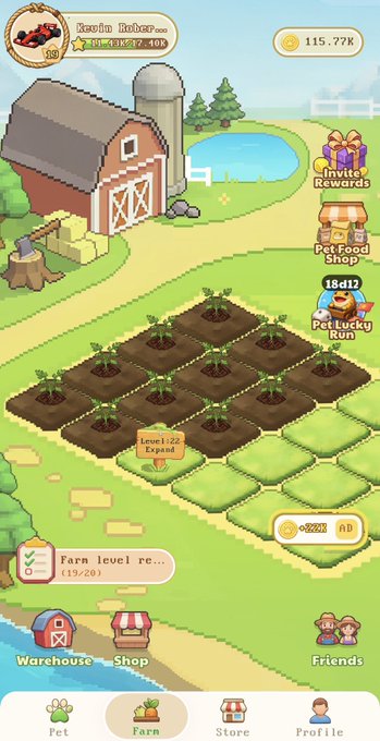 A screenshot of a mobile farming game showing a farm with crops, a barn, and a character named 'Kevin Robert' at level 19, with various menu options like 'Pet', 'Farm', 'Store', and 'Profile'.