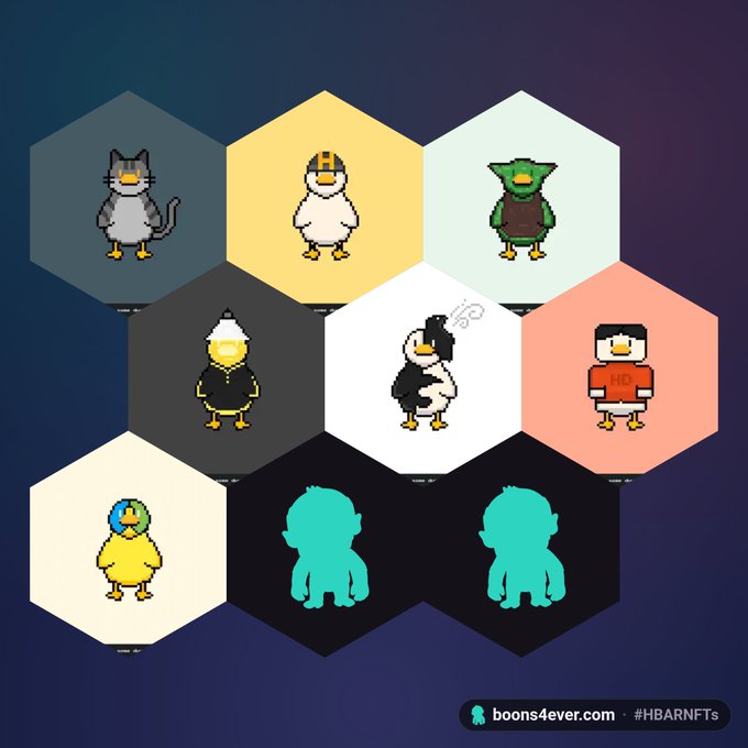 A promotional graphic from boons4ever.com (#HBARNFTs) showcasing a collection of pixel-art penguin and chick NFT characters displayed in colored hexagons, including rare silhouette variants.