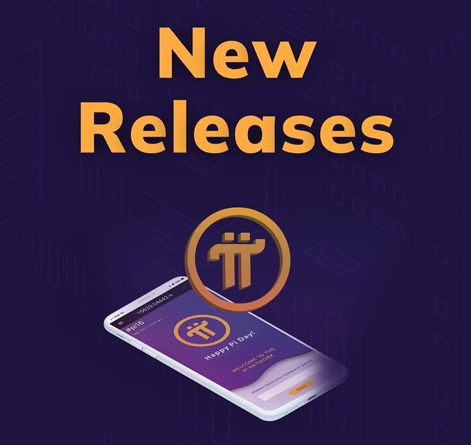 A 'New Releases' promotional graphic for Pi Network featuring the Pi logo and a smartphone displaying the Pi app's 'Happy Pi Day!' screen.