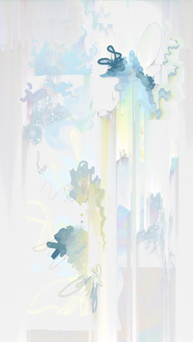 An abstract digital artwork featuring soft blue, green, and yellow watercolor-like splashes and shapes on a white background.