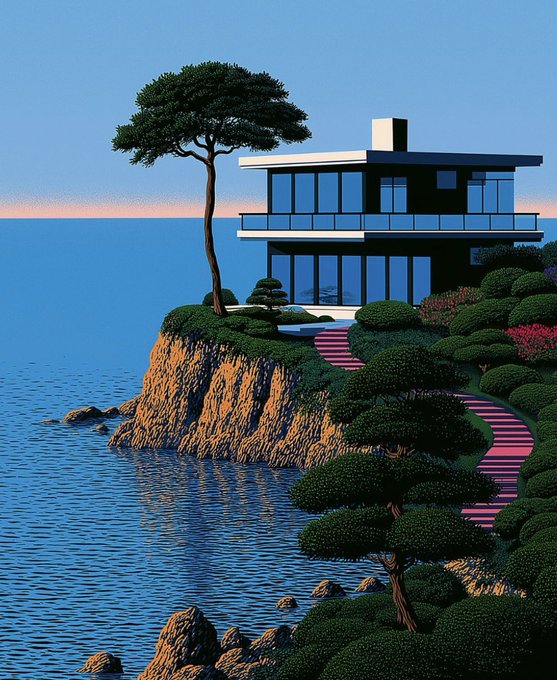 A digital illustration of a modern glass house perched on a coastal cliff, featuring a lone tree, a curved pink staircase, and a serene ocean view at sunset.