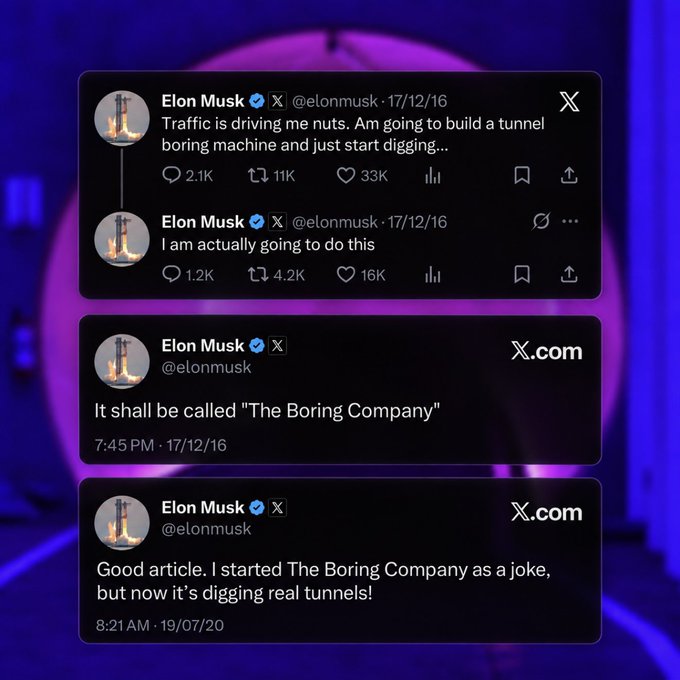 A screenshot of tweets from Elon Musk (@elonmusk) showing his original 2016 posts about traffic frustration leading to the creation of "The Boring Company," followed by a 2020 tweet confirming he started it as a joke but it grew into a real tunneling venture.
