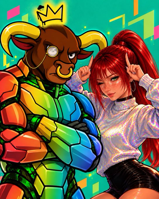 A vibrant digital illustration features a bull with a crown, monocle, nose ring, and a multicolored armored suit standing next to a red-haired woman making a peace sign in a shimmering silver top.