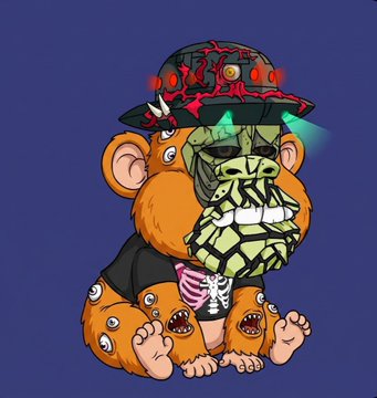 A digital cartoon NFT artwork depicting a surreal, multi-faced character wearing a hat with a smaller skeleton figure attached to it.