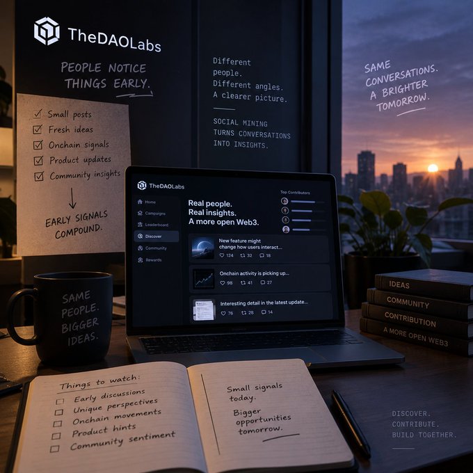 The image shows a moody desk scene at sunset featuring a laptop displaying TheDAOLabs platform ("Real people. Real insights. A more open Web3.") with posts about onchain activity, surrounded by a sticky note titled "PEOPLE NOTICE THINGS EARLY" (listing Small posts, Fresh ideas, Onchain signals, Product updates, Community insights), a mug reading "SAME PEOPLE. BIGGER IDEAS.", and an open notebook with checkpoints like "Things to watch: Early discussions, Unique perspectives, Onchain movements." This visual reinforces the post's message about catching Web3 signals early — before consensus catches up — by capturing the quiet, observant moment of social mining before trends become obvious.