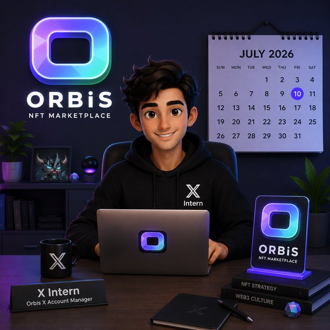 A 3D-rendered illustration of a young man at a desk with a laptop, surrounded by 'ORBIS NFT MARKETPLACE' branding, a July 2026 calendar, a nameplate reading 'X Intern - Orbis X Account Manager', and books labeled 'NFT STRATEGY' and 'WEB3 CULTURE'.