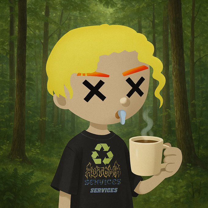 A cartoon character with blonde hair, X's for eyes, and drool, wearing a black t-shirt with a recycling symbol and holding a coffee mug in a forest setting.
