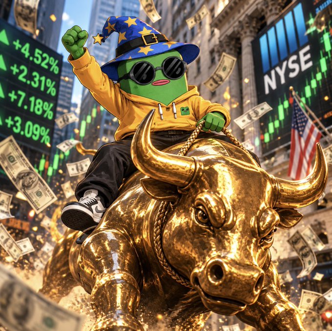 A cartoon character with green skin, sunglasses, and a wizard hat riding a golden bull statue in front of the NYSE, with falling dollar bills and a stock board showing percentage gains like +4.52% and +7.18%.