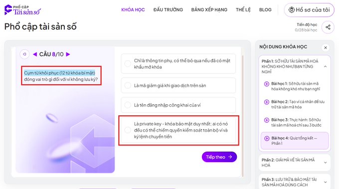 The image shows a Vietnamese digital asset education platform displaying question 8 of 10, which asks about the correct definition of a private key, with the answer "Private key - secret recovery key, AI can use to restore or allow you to sign transactions" highlighted as selected. The screenshot supports the post's criticism by illustrating a basic educational error—conflating a private key with a recovery/seed phrase (12 or 24 secret words), which is a fundamental distinction in cryptocurrency.