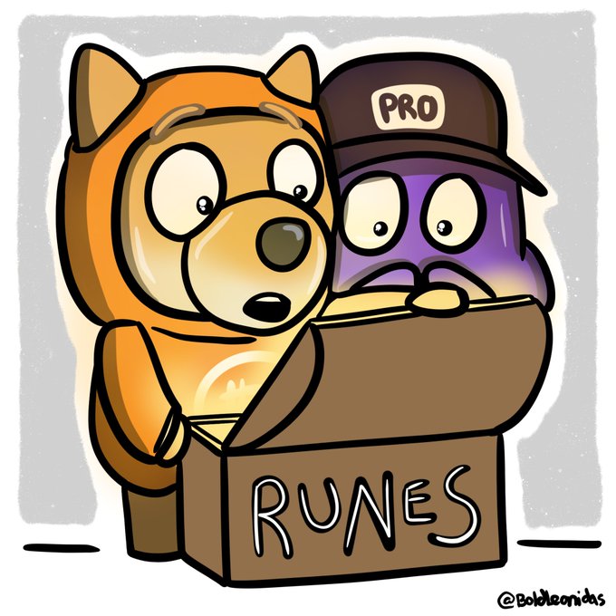 A cartoon illustration of an orange dog and a purple character wearing a 'PRO' cap looking into a cardboard box labeled 'RUNES', signed by @BoldBearIdeas.