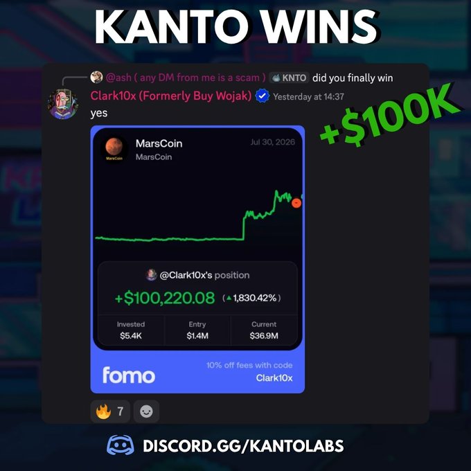Discord screenshot with text 'KANTO WINS' and '+$100K', showing a 'fomo' chart for 'MarsCoin' where '@Clark10x' gained +$100,220.08 (1,830.42%) from a $5.4K investment, promoting discord.gg/kantolabs.