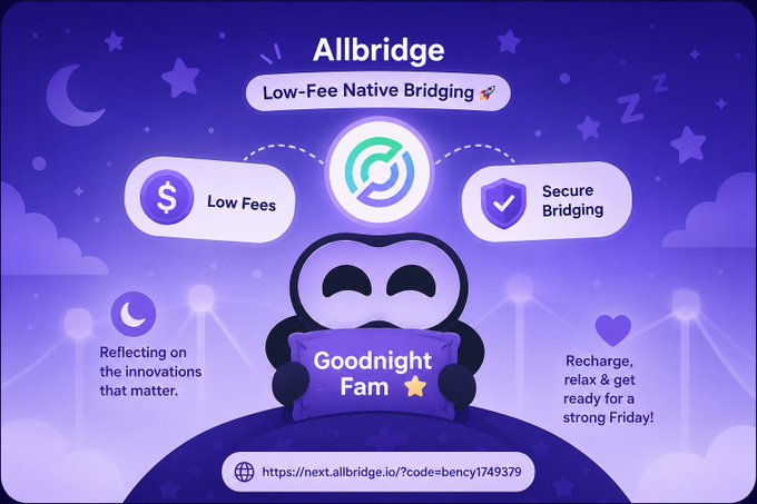 A purple-themed promotional graphic for 'Allbridge - Low-Fee Native Bridging' featuring a character holding a 'Goodnight Fam' pillow, with URLs to next.allbridge.io.